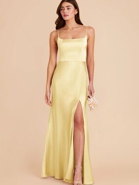 Birdy Grey Lemon Yellow Satin Maxi Dress with Thigh Slit